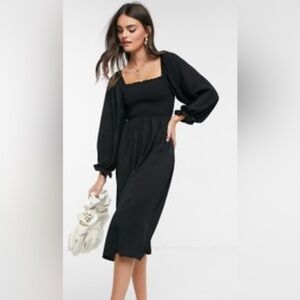 New Look shirred square neck midi dress in black